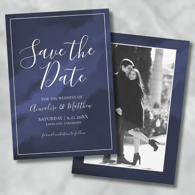 Navy Blue Photo Wedding Save The Date Invitation (Simple Elegant Navy Blue Save the Date Wedding Invitation)
