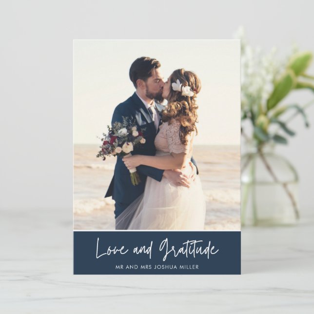 Navy Blue Photo Wedding Thank You Card (Standing Front)