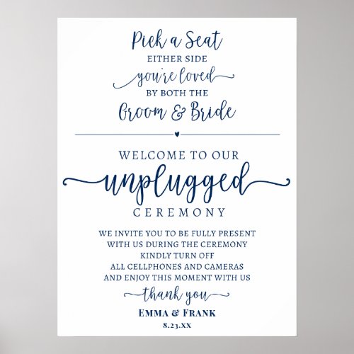 Navy Blue Pick a Seat Unplugged Ceremony sign