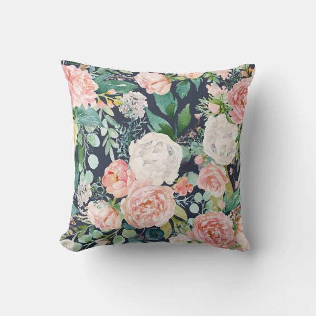 Navy Blue Pillow with Pink and White Florals (Front)