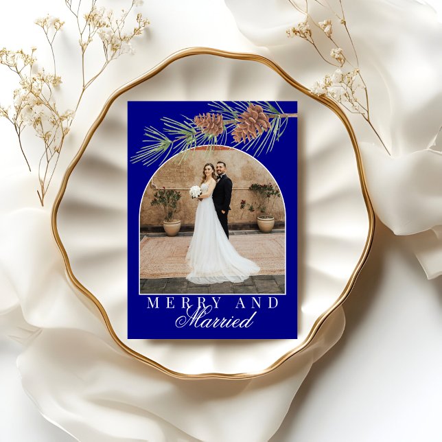 Navy Blue Pine Merry & Married Photo Christmas Holiday Card (Creator Uploaded)