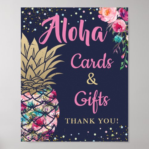 Navy Blue Pineapple Pink Floral Cards  Gifts Sign