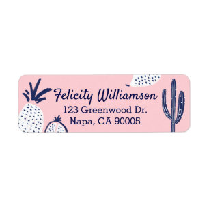 Navy Blue Pink Abstract Pineapple & Cactus Print Label