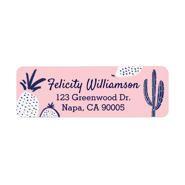 Navy Blue Pink Abstract Pineapple & Cactus Print Label (Front)