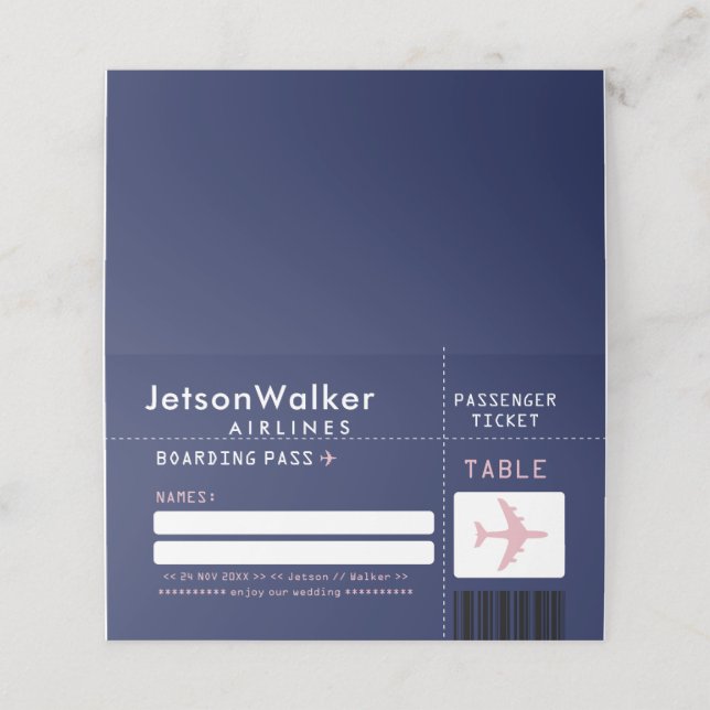 Navy Blue Pink Airline Ticket Guest Seating Place Card (Outside Unfolded)