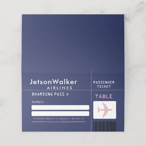 Navy Blue Pink Airline Ticket Guest Seating Place Card