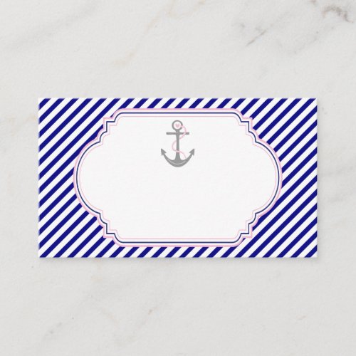 Navy blue, pink anchor nautical wedding place card business card template