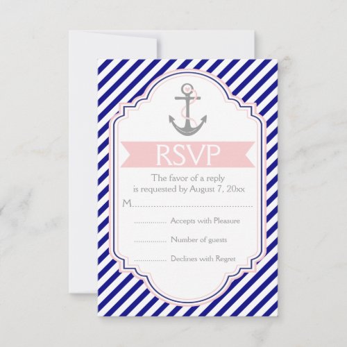 Navy blue pink anchor nautical wedding RSVP