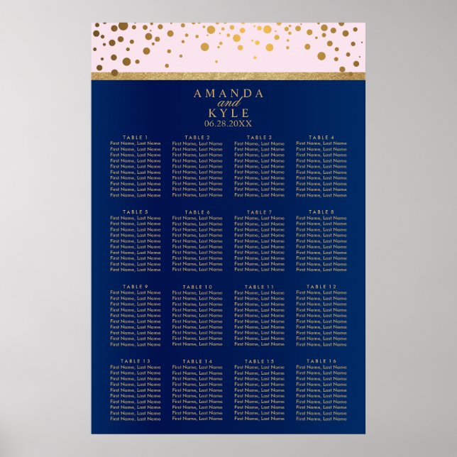 Navy Blue, Pink and Gold -  16 Seating Chart (Front)