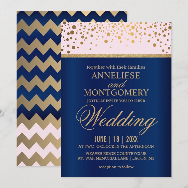 Navy Blue, Pink and Gold  Confetti Wedding Invitation (Front/Back)