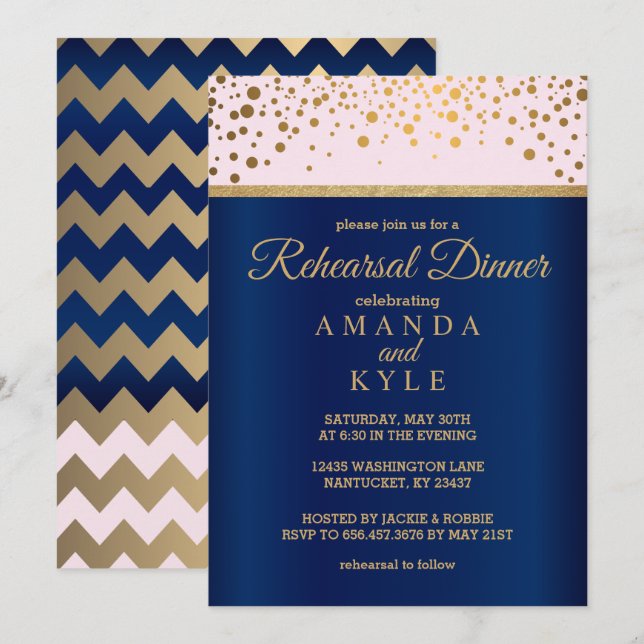 Navy Blue, Pink and Gold - Rehearsal Dinner Invitation (Front/Back)