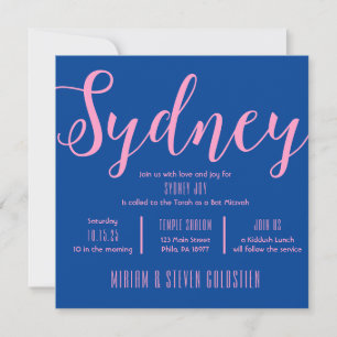 Navy Blue & Pink Bat Bar Mitzvah Party Invitation