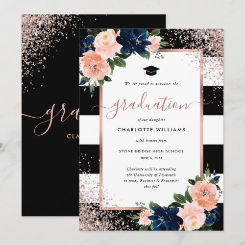 Navy Blue Pink Black Rose Gold Floral Graduation Announcement