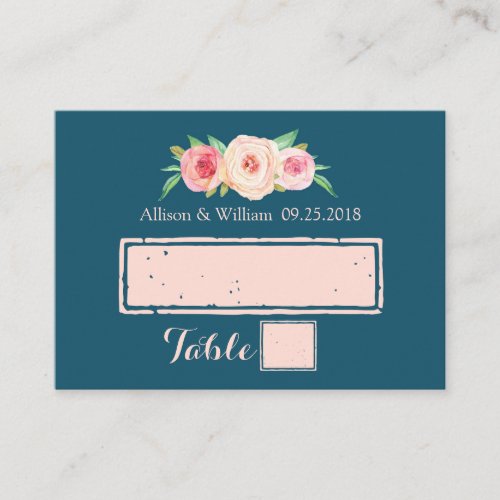 Navy Blue Pink Blush Floral Place Setting Cards