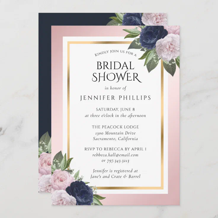 Navy Blue Pink Blush Gold Floral Bridal Shower Invitation Zazzle 1716