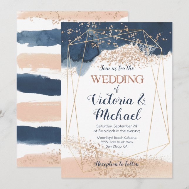 Navy Blue Pink Blush Gold Wedding Invitation (Front/Back)