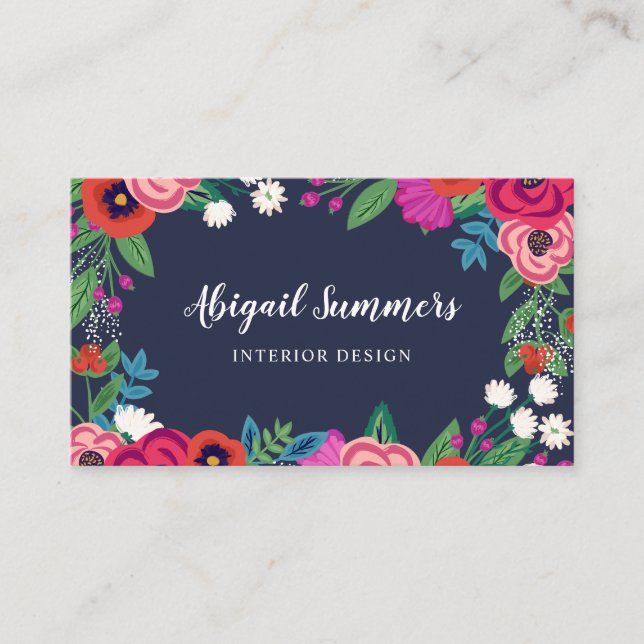 Navy Blue & Pink Boho Floral Frame Business Card (Front)