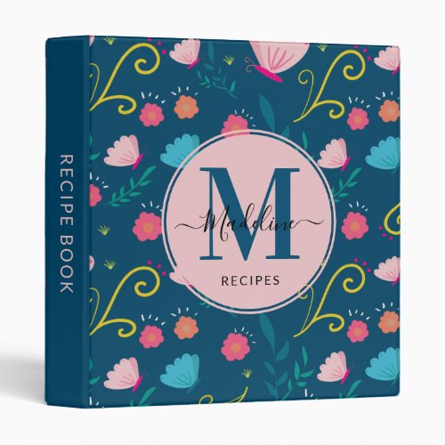 Navy Blue Pink Botanical Butterfly Flower Recipe 3 Ring Binder