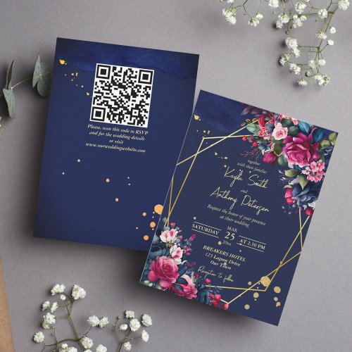 Navy blue pink burgundy roses wedding template