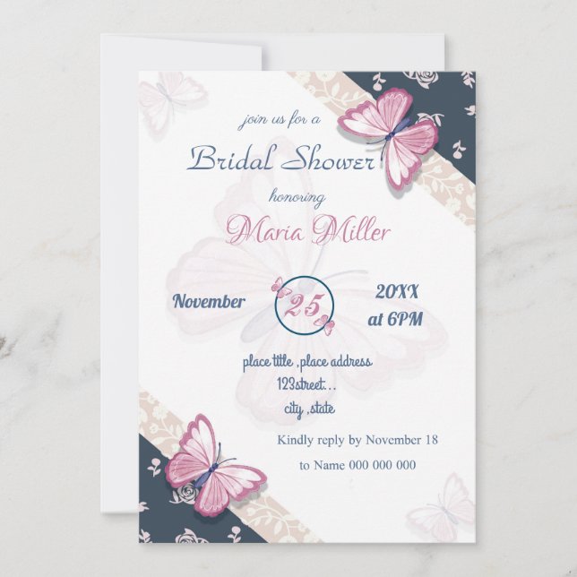 navy blue pink butterflies bridal shower card (Front)