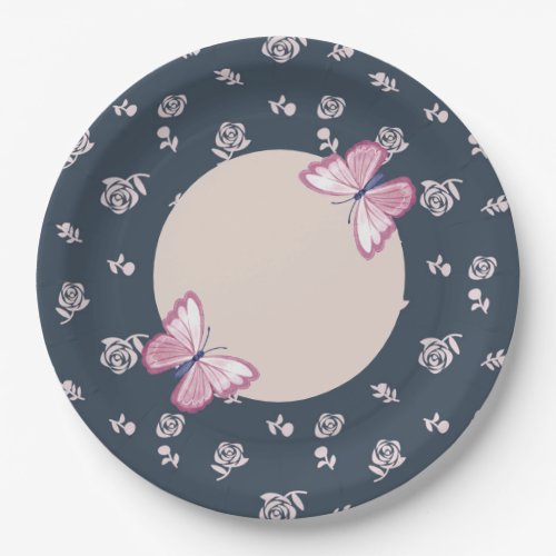 navy blue pink butterflies floral paper plates