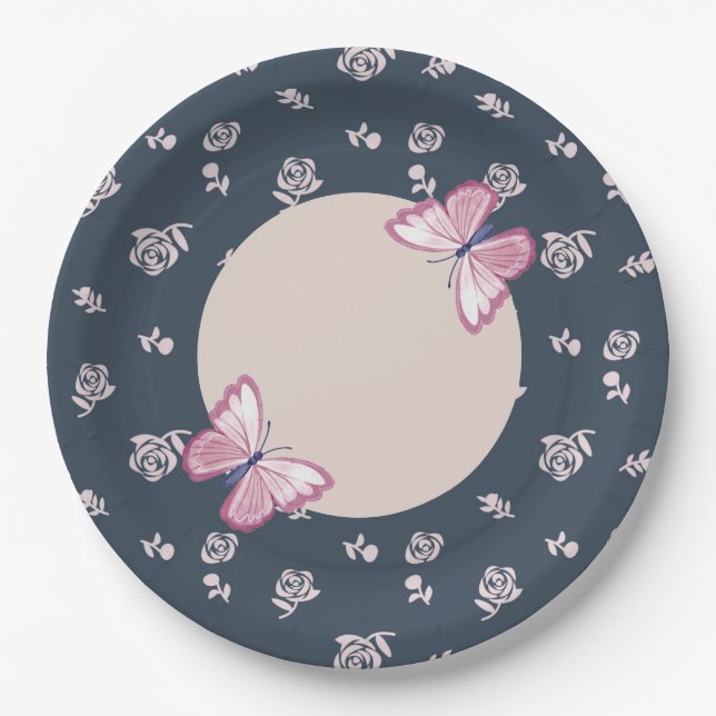 navy blue pink butterflies floral paper plates (Front)