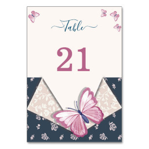 navy blue pink butterflies floral table number