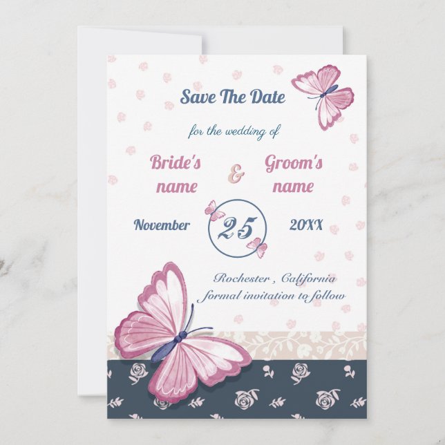 navy blue pink butterflies save the date card (Front)