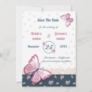 navy blue pink butterflies save the date card