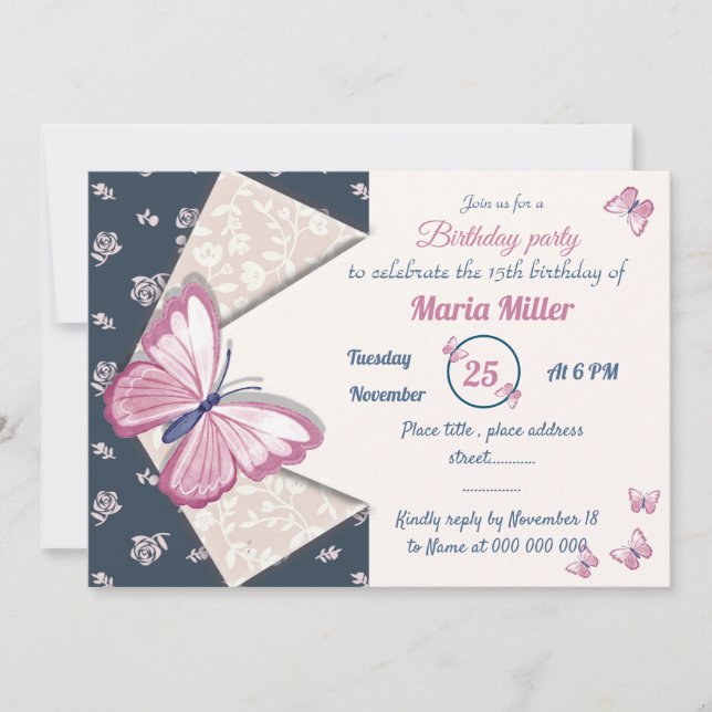 navy blue pink butterfly floral birthday party