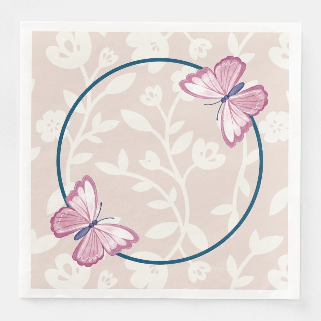 navy blue pink butterfly floral  paper dinner napkins (Front)