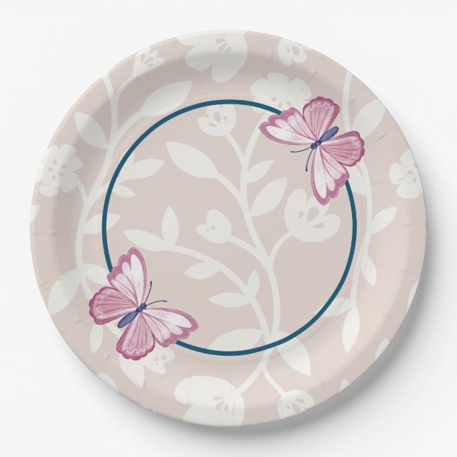 navy blue pink butterfly floral paper plates (Front)