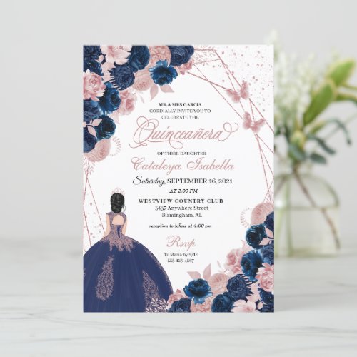 Navy Blue  Pink Butterfly Princess Quinceanera Invitation
