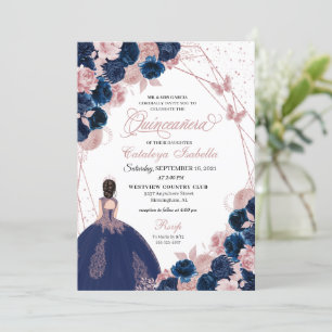 Navy Blue & Pink Butterfly Princess Quinceanera Invitation