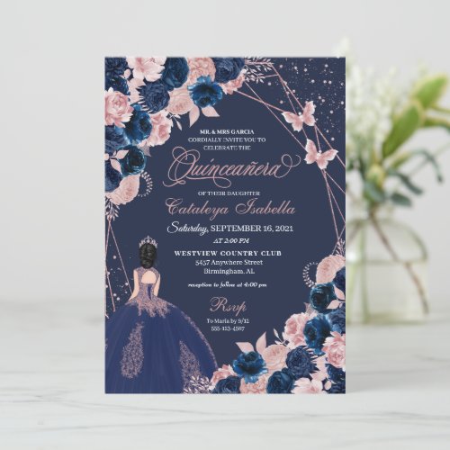 Navy Blue  Pink Butterfly Princess Quinceanera Invitation