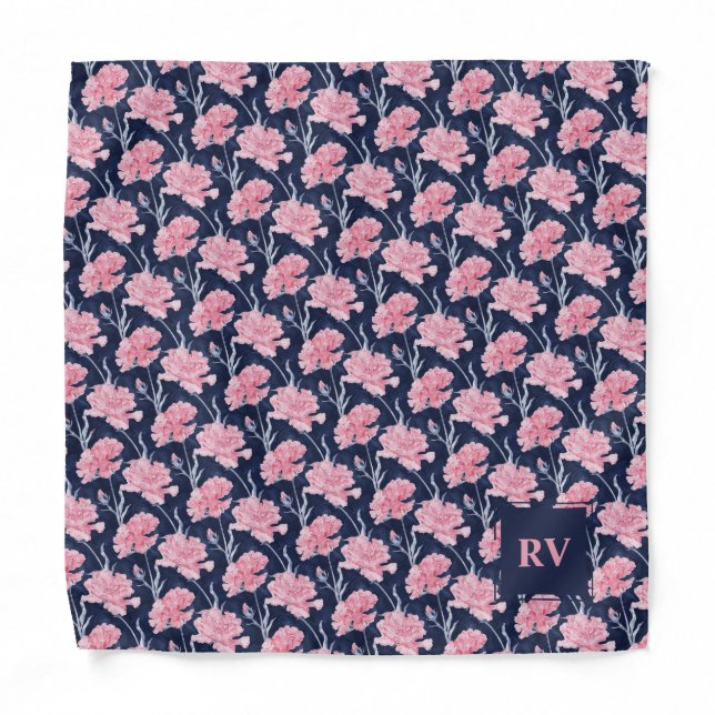 Navy Blue Pink Carnations Wedding Pocket Square Bandana (Front)