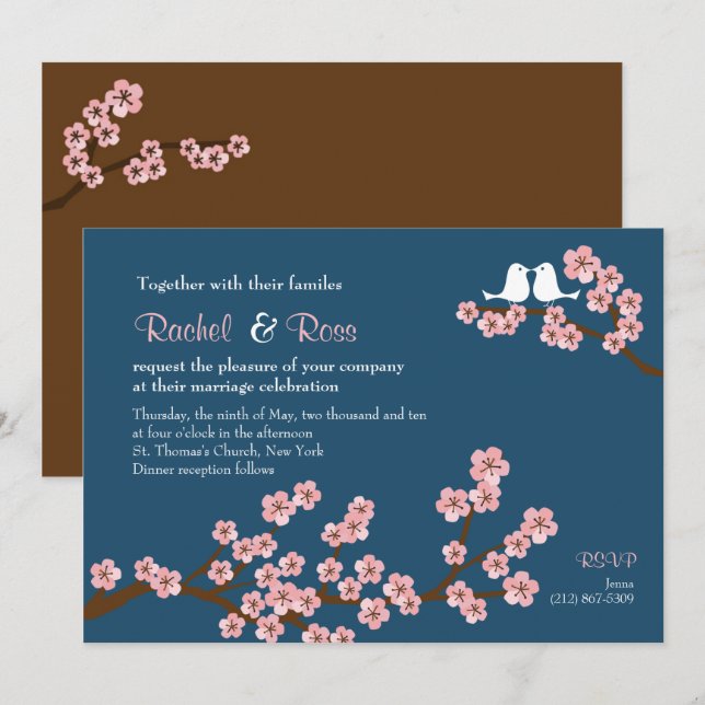 Navy Blue & Pink Cherry Blossom Garden Wedding Invitation (Front/Back)
