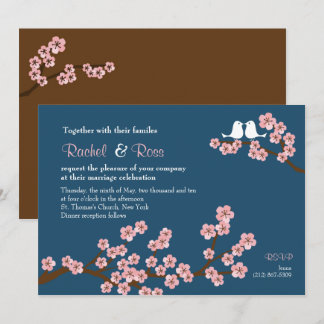Navy Blue & Pink Cherry Blossom Garden Wedding Invitation