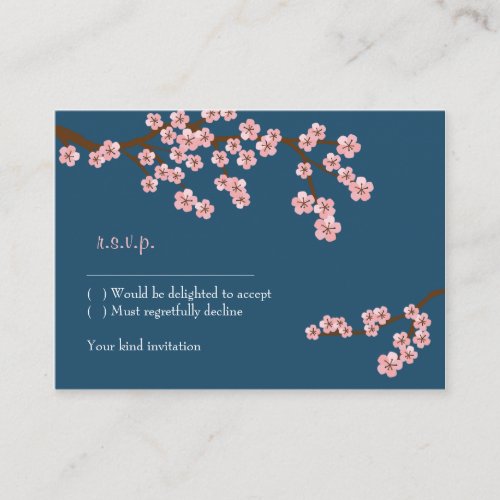 Navy Blue  Pink Cherry Blossom Spring RSVP Enclosure Card
