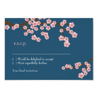 Navy Blue & Pink Cherry Blossom Spring Wedding Card