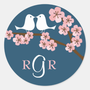 Navy Blue & Pink Cherry Blossom Spring Wedding Classic Round Sticker