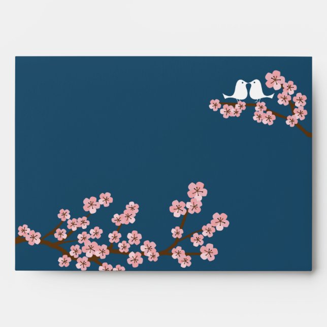 Navy Blue & Pink Cherry Blossom Spring Wedding Envelope (Front)
