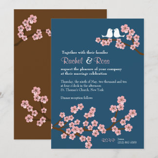 Navy Blue & Pink Cherry Blossom Spring Wedding Invitation