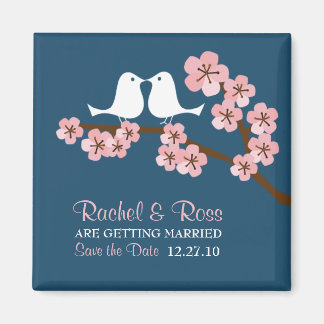 Navy Blue & Pink Cherry Blossom Spring Wedding Magnet