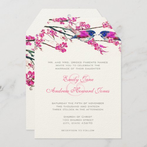 Navy Blue  Pink Cherry Blossom Vintage Love Birds Invitation