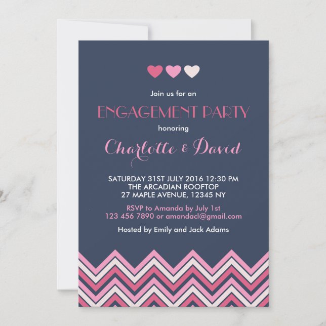 Navy Blue Pink Chevron Engagement Party Invitation (Front)