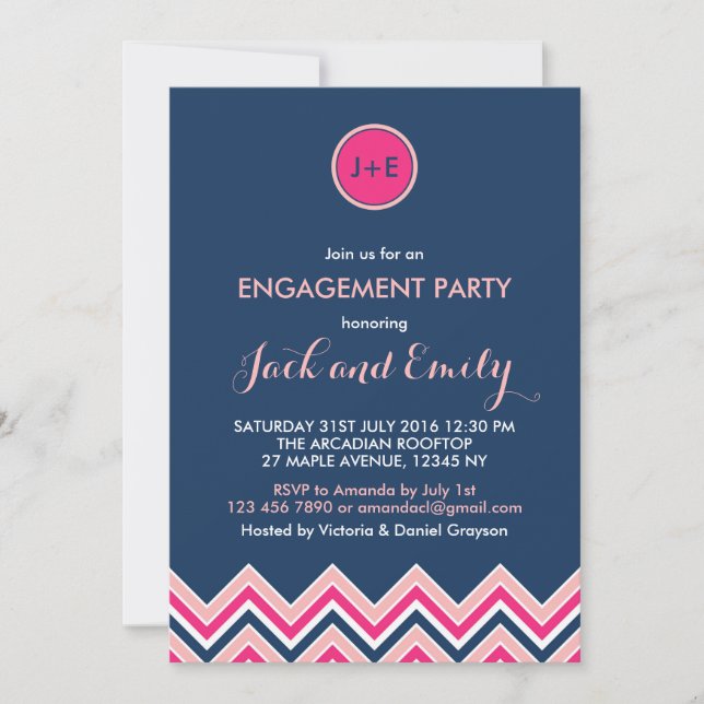 Navy Blue Pink Chevron Engagement Party Invitation (Front)