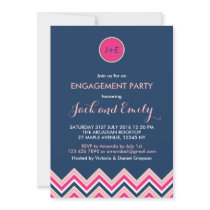 Navy Blue Pink Chevron Engagement Party Invitation
