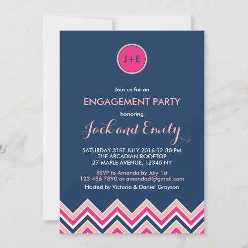 Navy Blue Pink Chevron Engagement Party Invitation