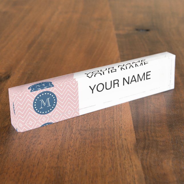 Navy Blue, Pink Chevron Pattern | Your Monogram Desk Name Plate (Side)